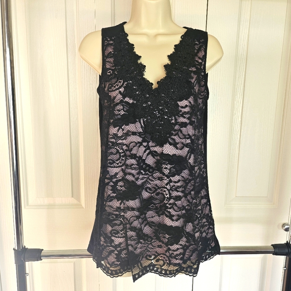 Warehouse One Sloane & Sadie Lace Overlay Sleeveless Blouse, M